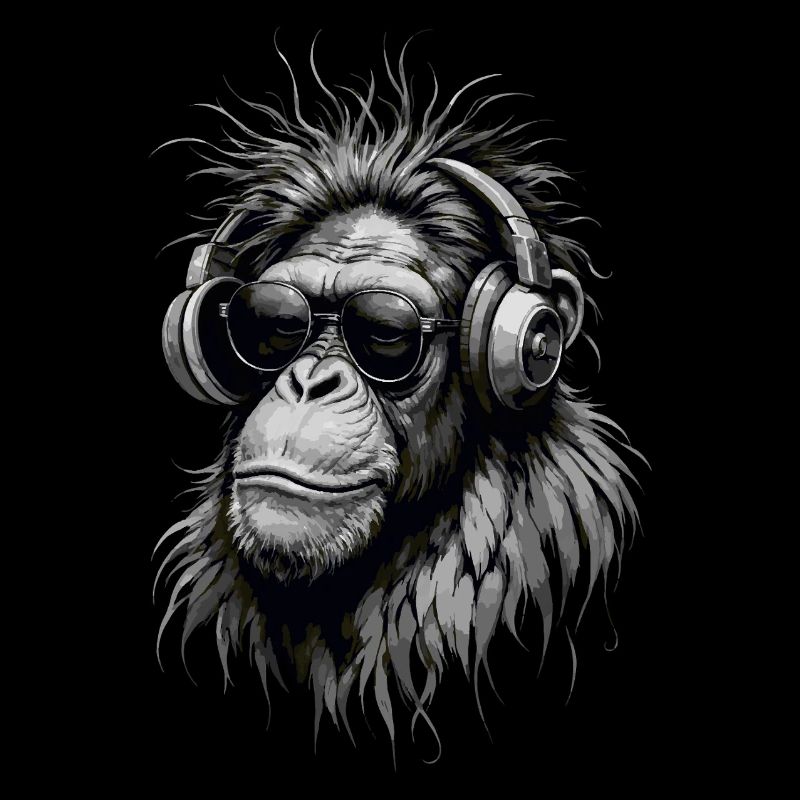 Cooler Musikaffe mit Kopfhörern - Graustufen