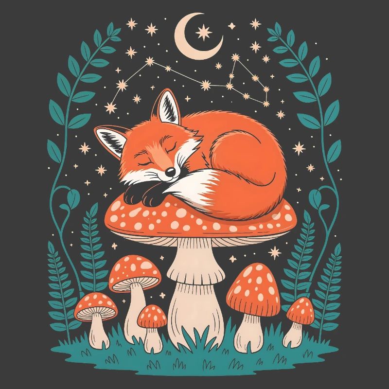 Sleeping Fox on Mushroom Under Starry Sky