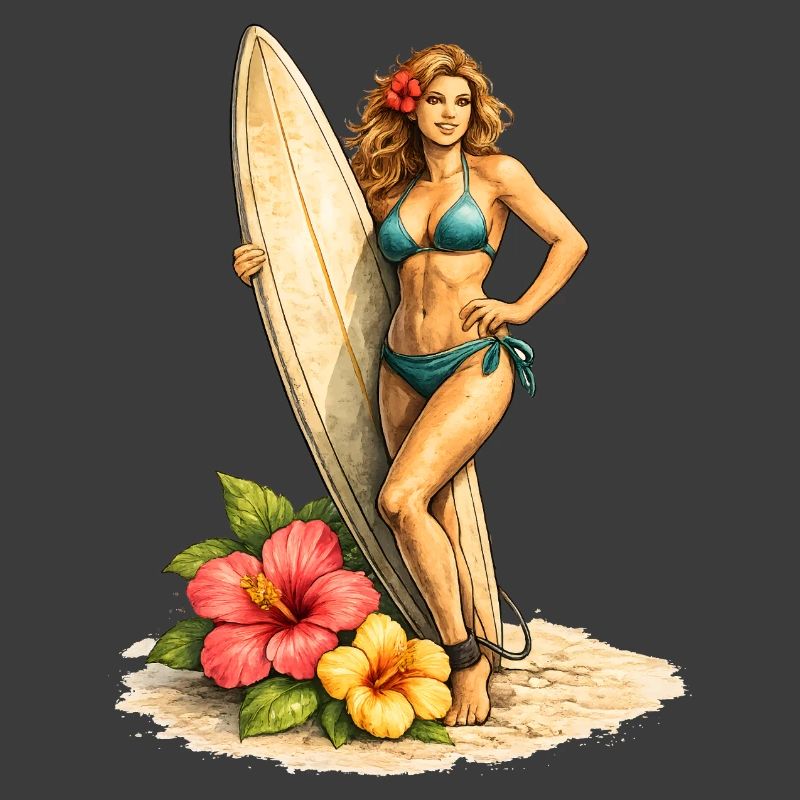 Surfeur avec planche et fleurs d’hibiscus