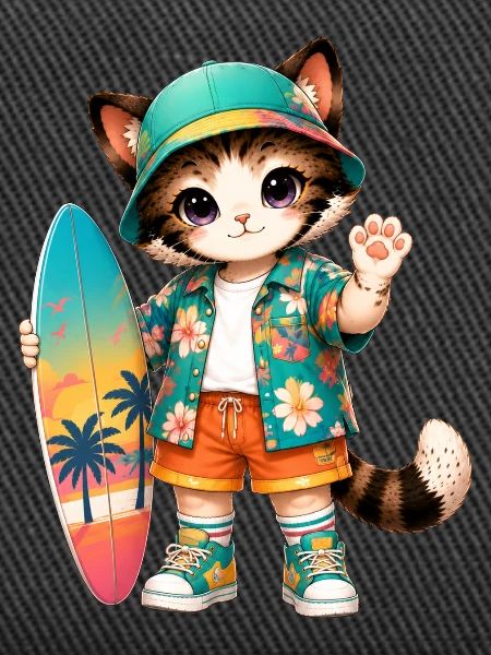 Kawaii tropical surfer cat