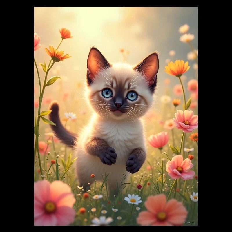 Chaton siamois mignon dans une prairie fleurie