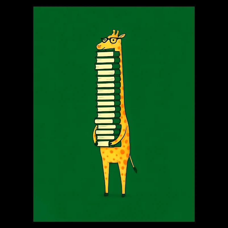 Giraffe mit Büchern, die am Hals hängen