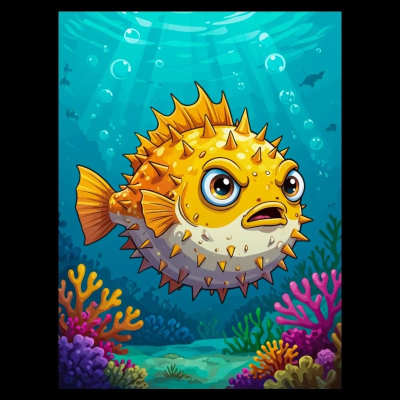 Kugelfisch im Comic-Stil, runder, stacheliger, aufgeblasener Körper