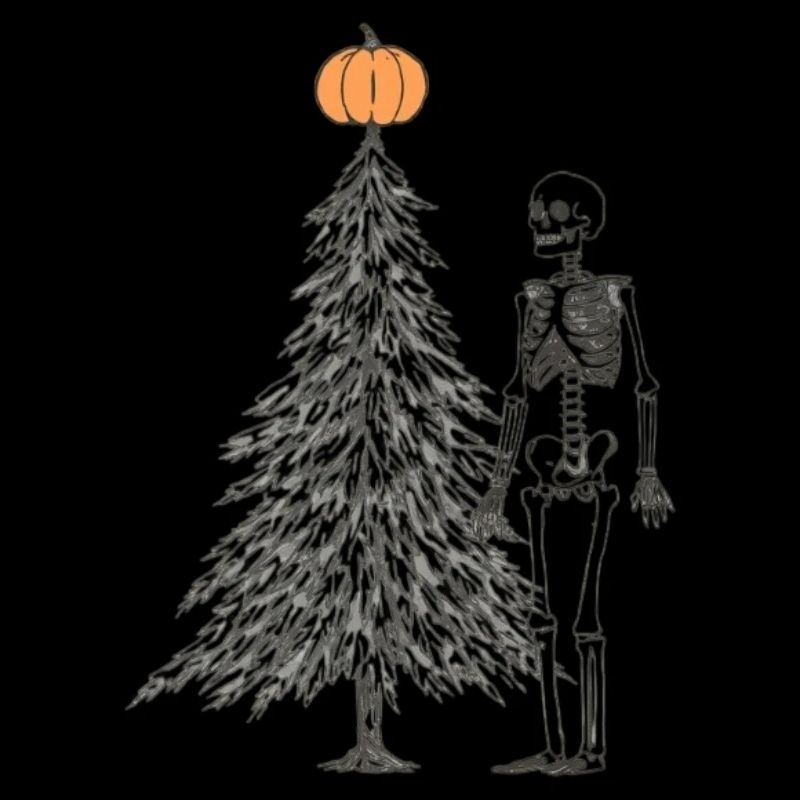 skeleton next to christmas tree
