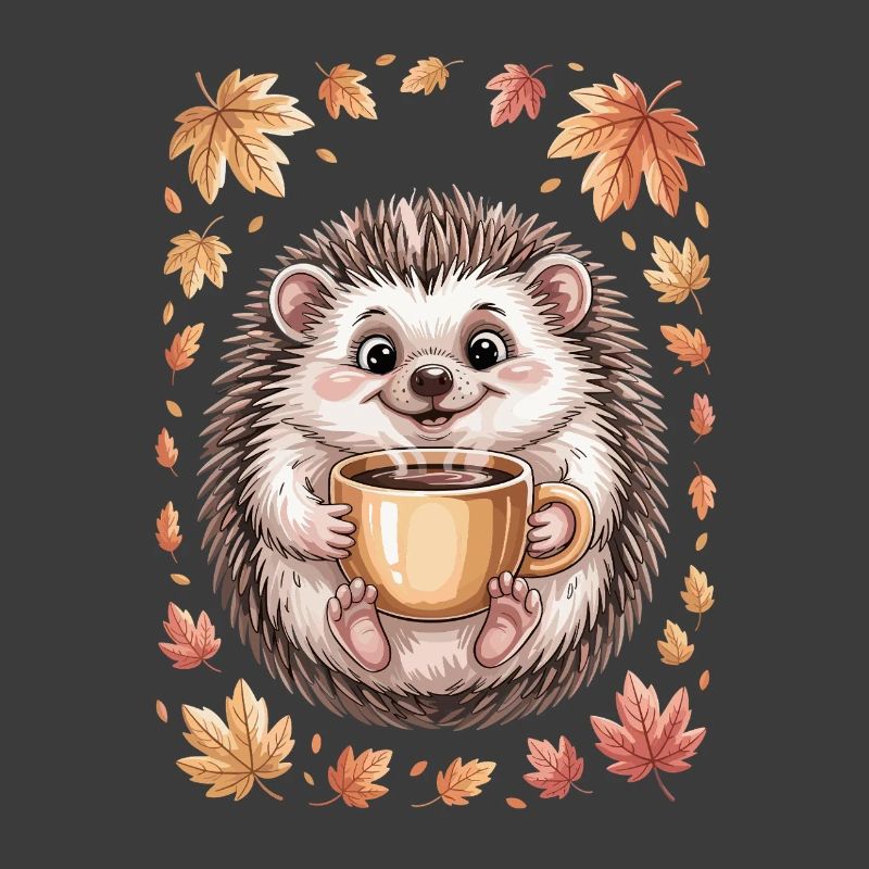 Autumnal hedgehog with coffee mug