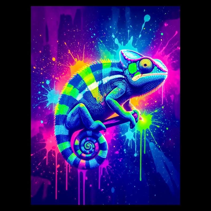 A neon chameleon bursts into shifting waves