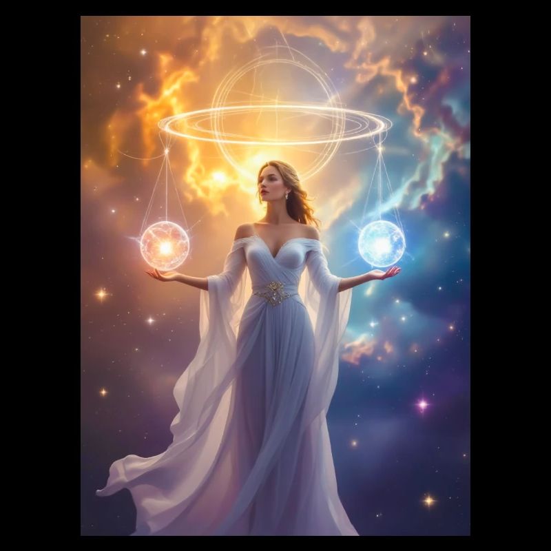 Celestial figure balancing sun and moon in cosmic 