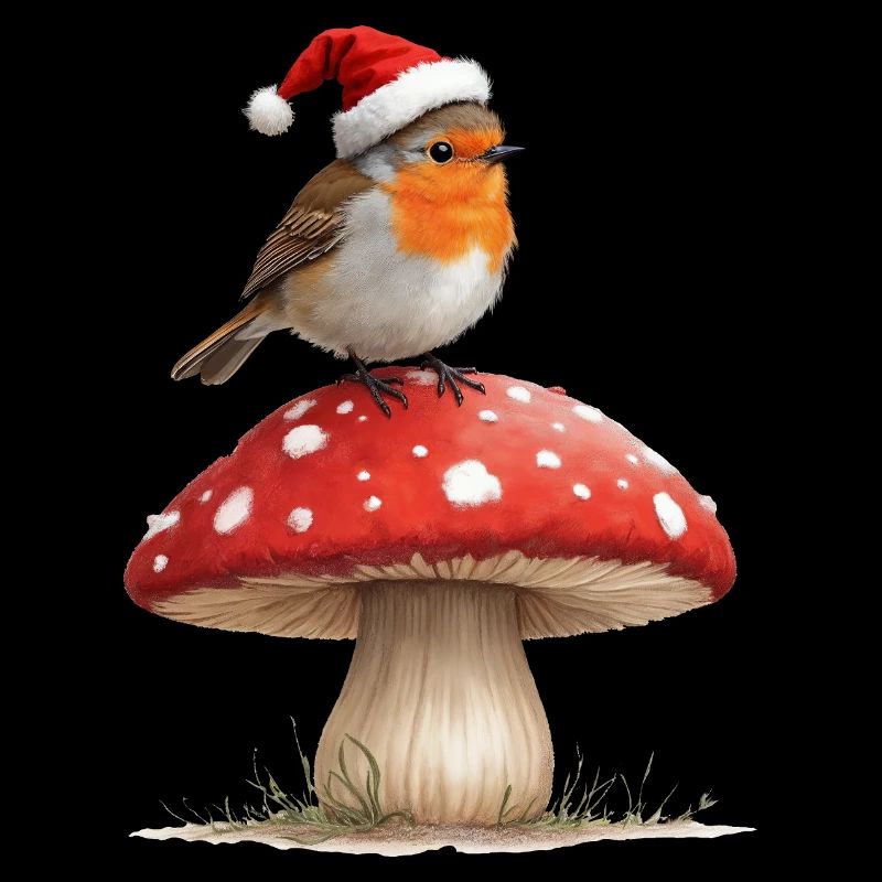 Rotkehlchen mit Nikolausmütze auf einem roten Pilz