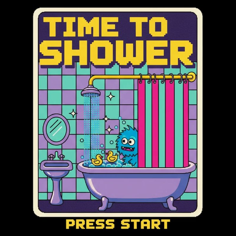 Time To Shower Monster Retro Pixel Bath Game Funny