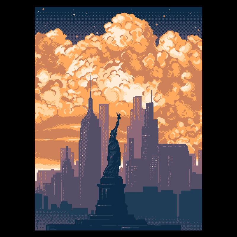 Statue rétro en pixel art de la Liberté