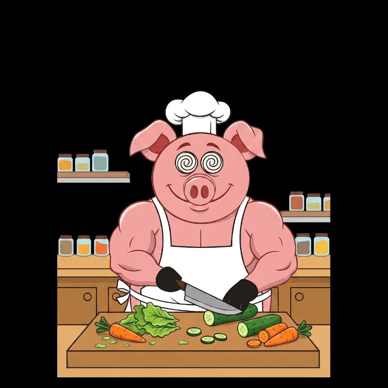 Muscular pig chopping salad