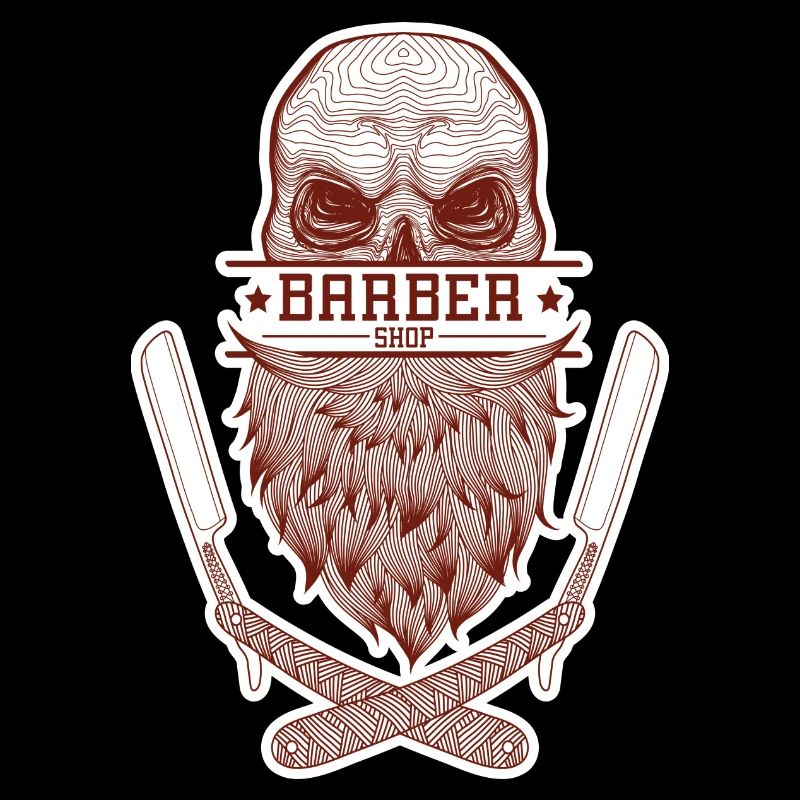 A skull with a beard, framed by razor blades.