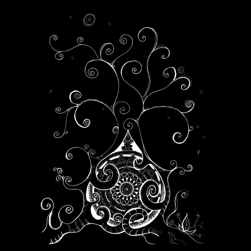 Playful Snow Tree in Black and White with Mandala