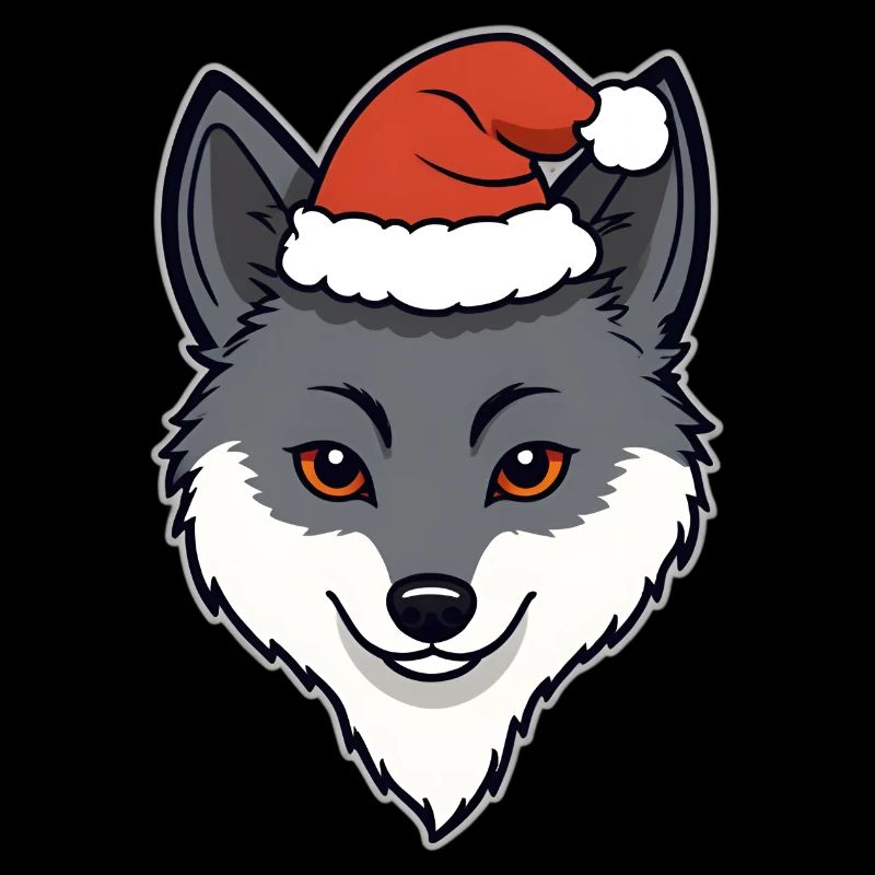 Christmas Wolf Cartoon Head with Hat