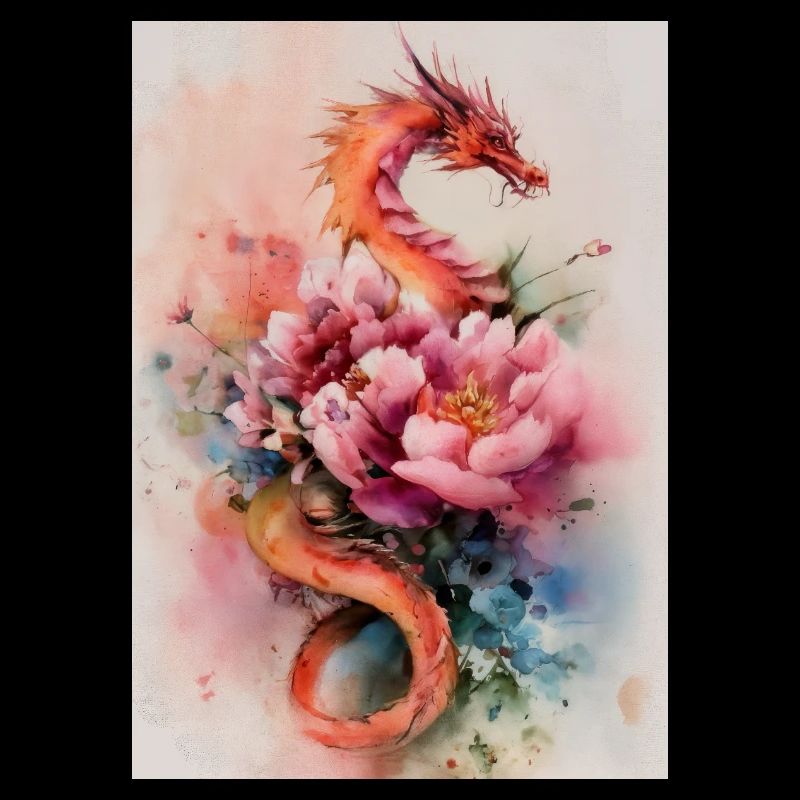 Dragon Aquarelle et Fleurs