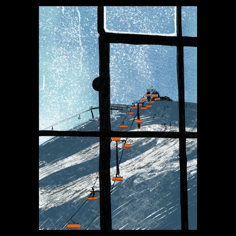Fensterblick Skilift Blau