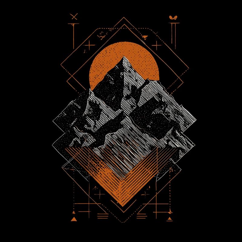 Montagnes avec soleil - Conception d’art au trait géométrique