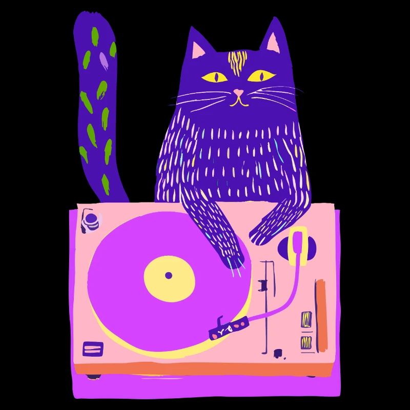 Neon Cat DJ on Pink Turntable