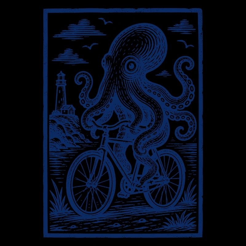 Octopus on Bicycle – Maritime Woodcut