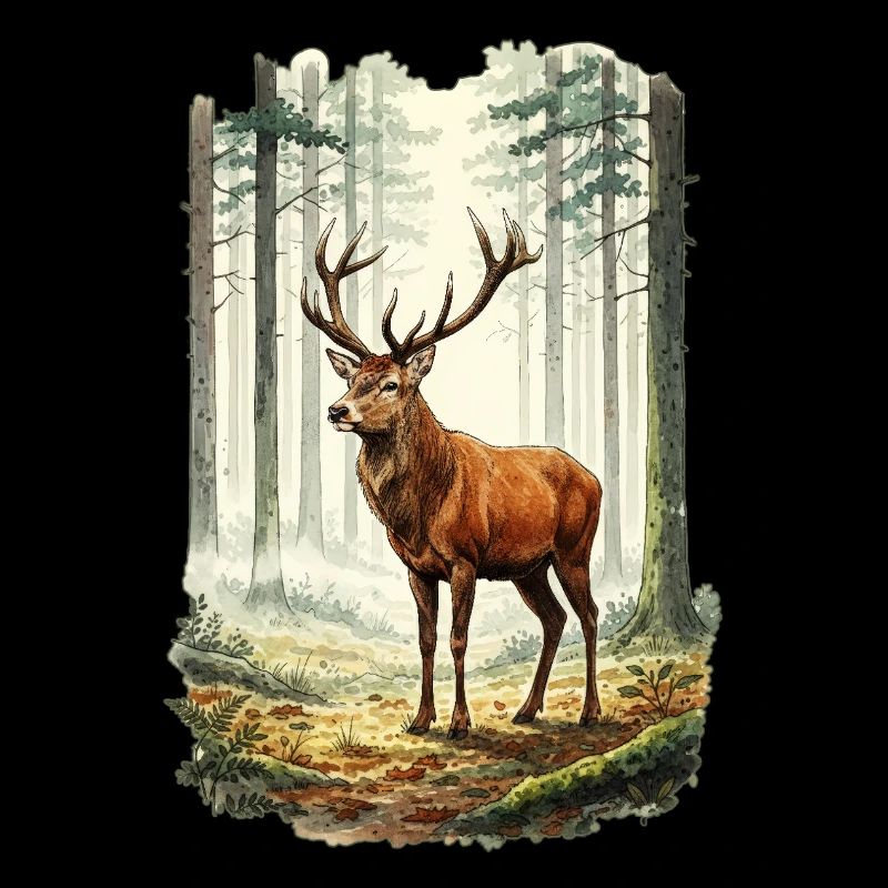 Forêt de cerfs rouges Nature Faune Aquarelle