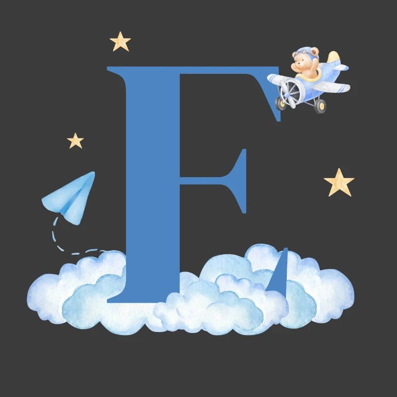 Letter e blue clouds airplane child