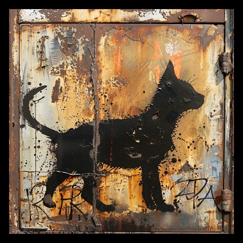 Graffiti junge Katze Silhouette Rost Metall urban