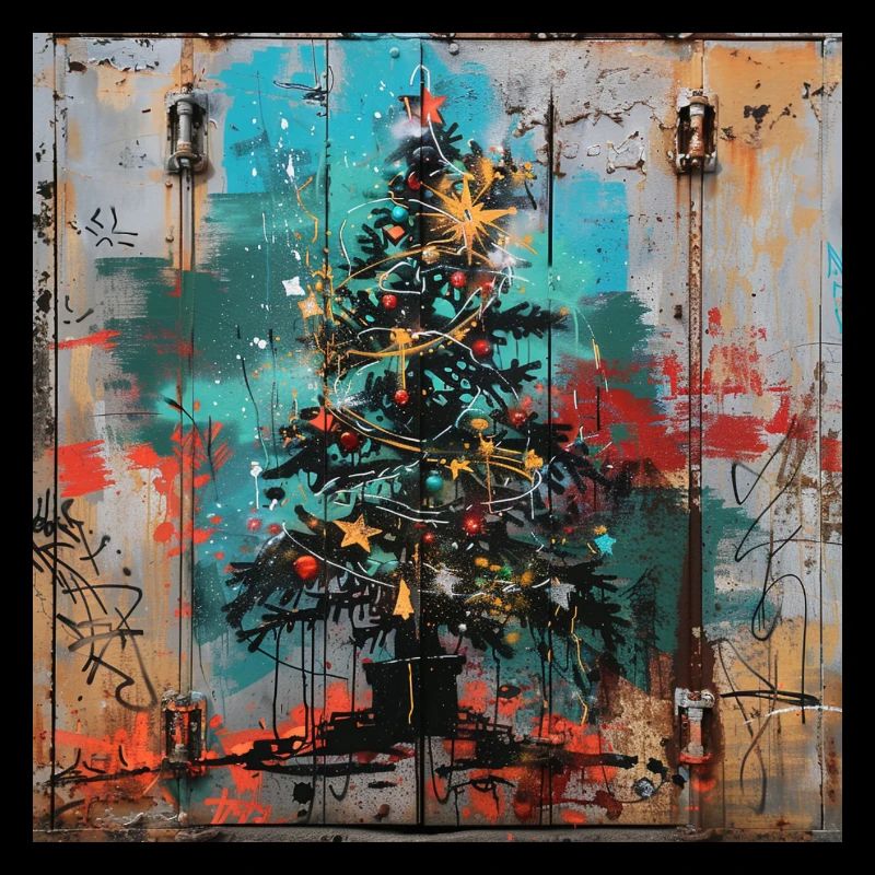 Graffiti Xmas Tree Rust Metal Urban Container Door