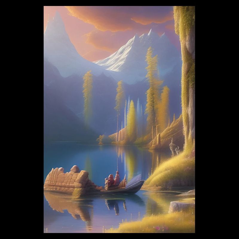 Landschaft mit See, Boot und Berge