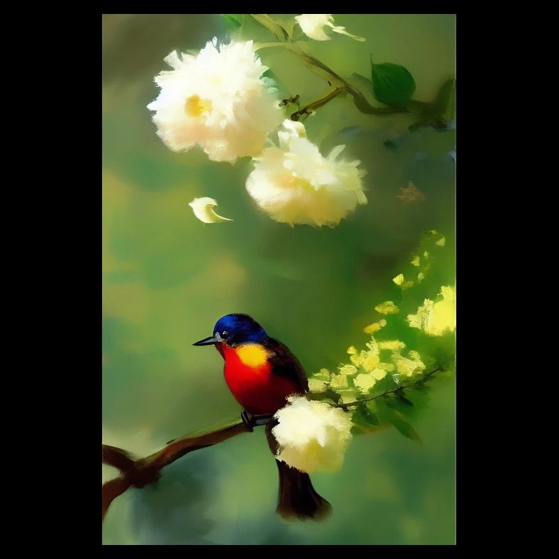 Oiseau sur branche avec fleurs