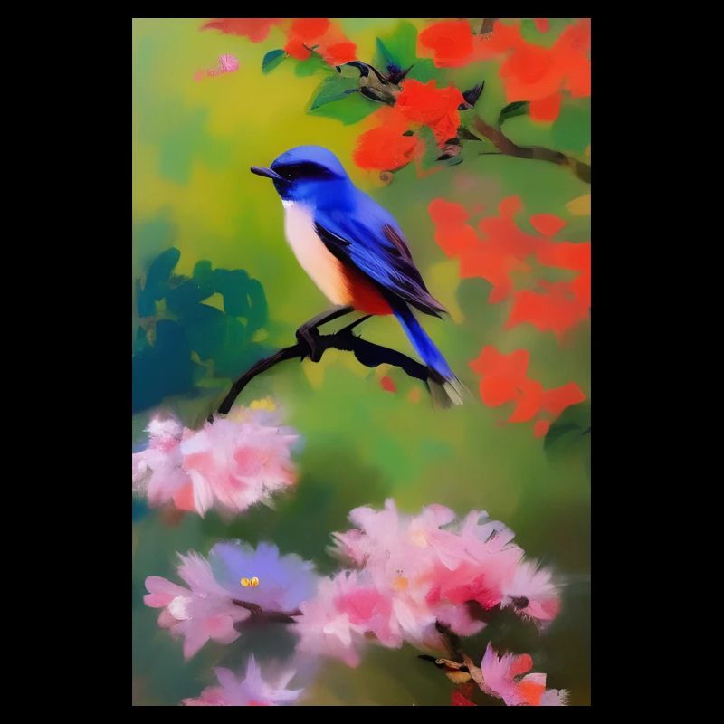 Vogel auf Ast mit Blumen Blüten