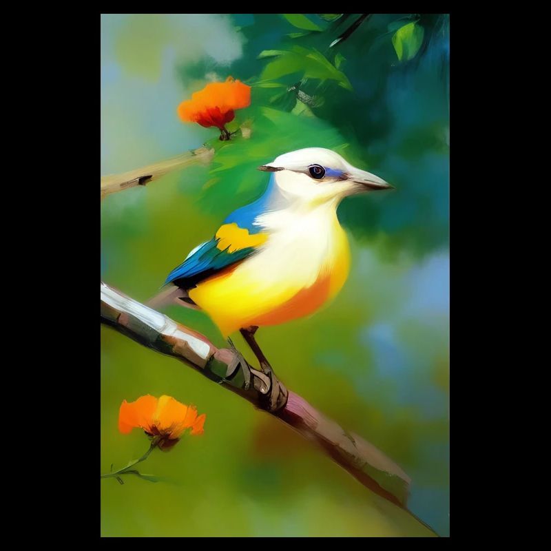 Oiseau sur branche avec fleurs