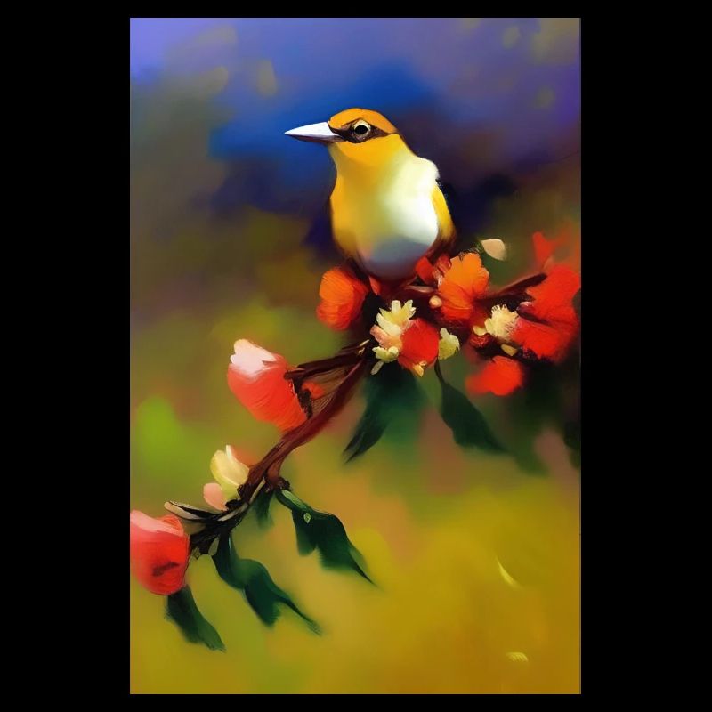 Oiseau sur branche avec des fleurs colorées