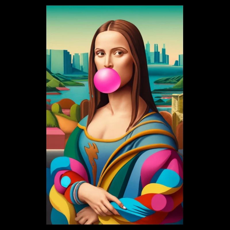 Mona lisa as a model 80s style with bubble gum