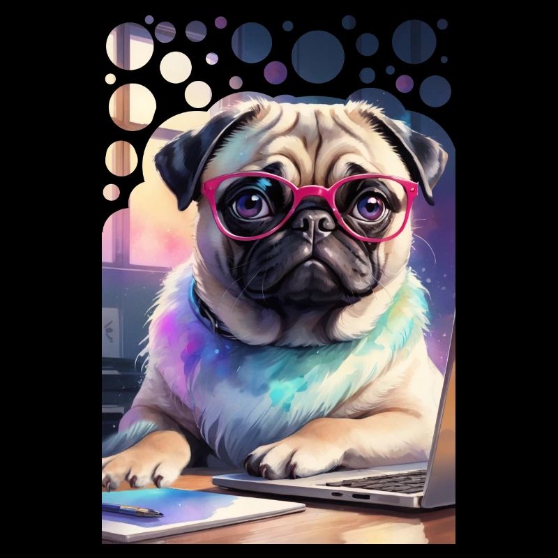 Bürohund Mops mit Laptop und pinker Brille Pop Art