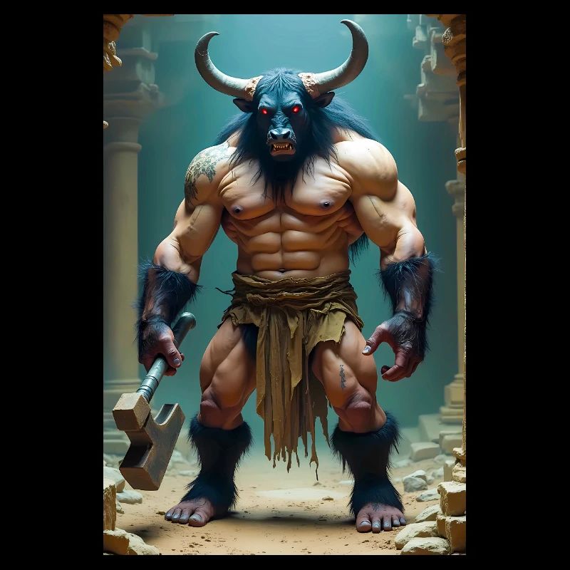 Minotaur, massive bull-headed warrior gripping axe