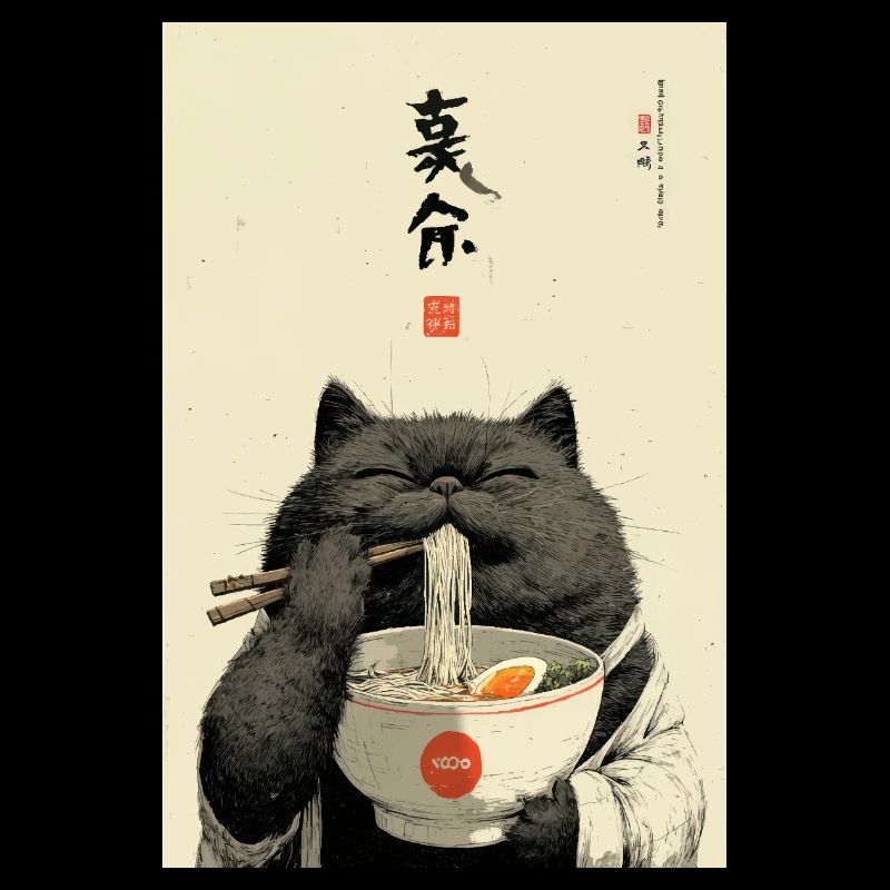 Chat heureux mangeant des ramen