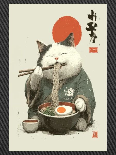 Samurai-Katze schlürft Ramen