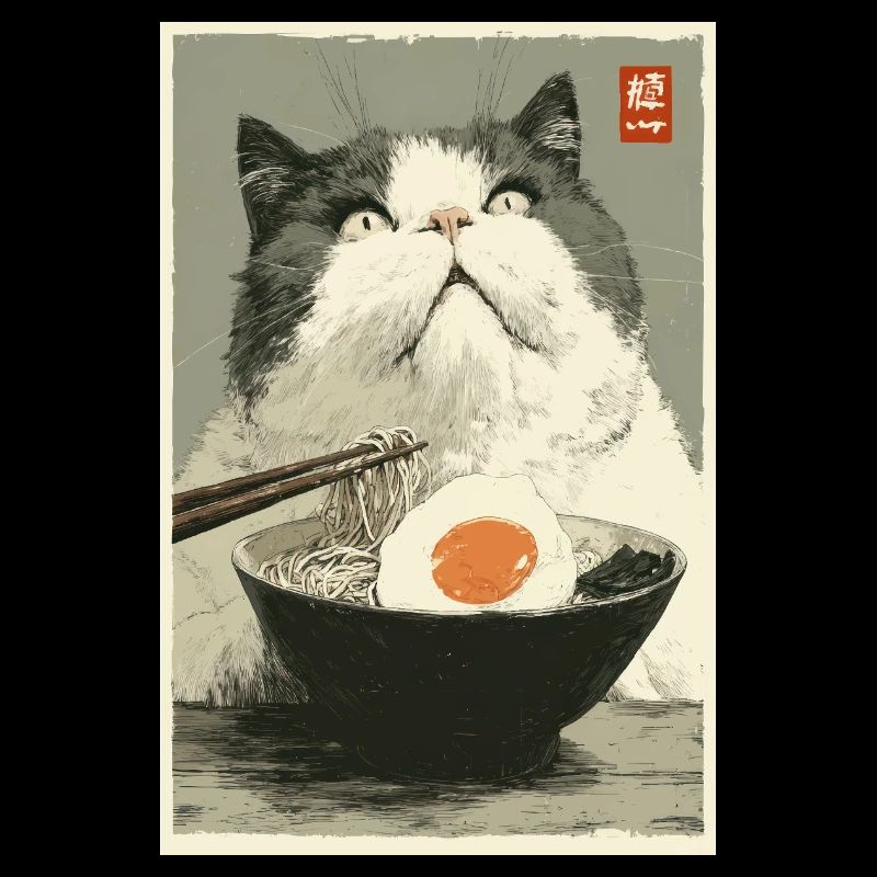 Chat fixant un bol de ramen