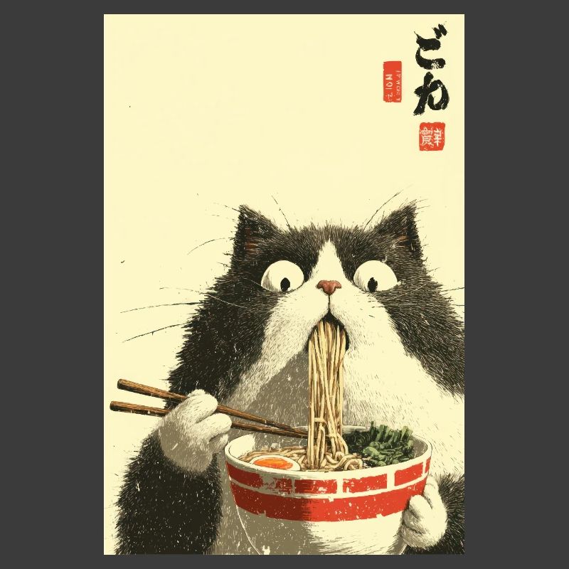 Chat surpris mangeant des ramen