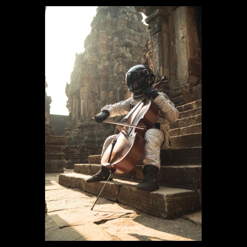 Astronaute jouant du violoncelle sur des marches antiques