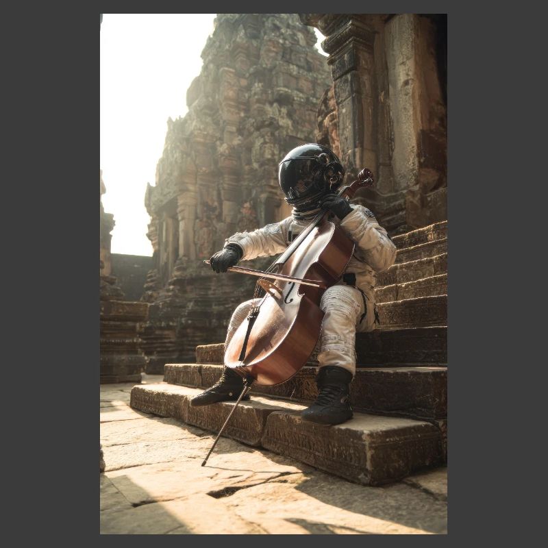Astronaut Playing Cello on Ancient Steps