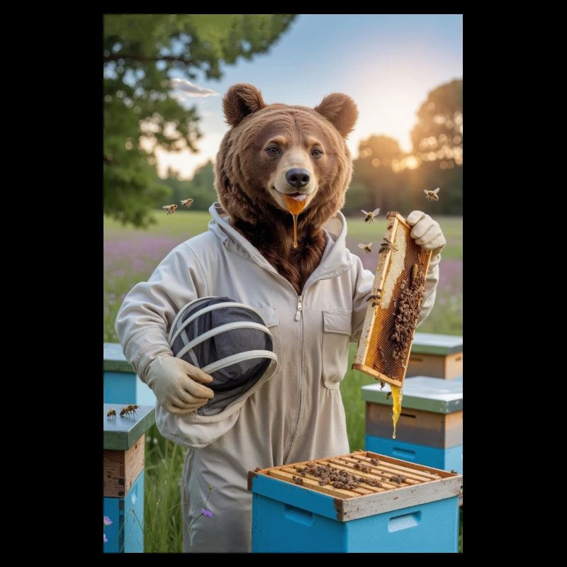 Humanoid Beekeeper Bear with Honeycomb and Bees