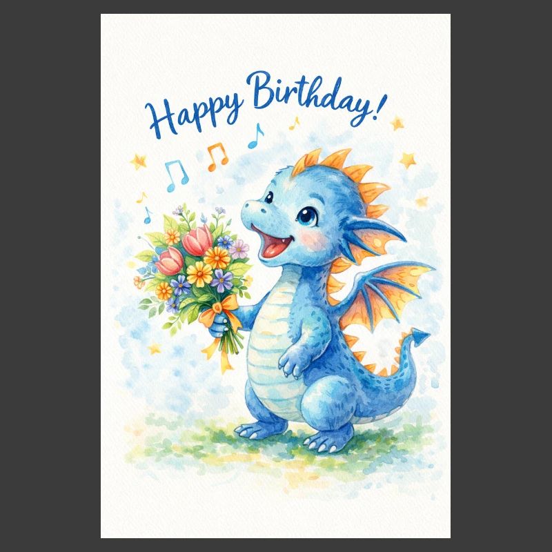 Blauer Drache mit Blumenstrauß