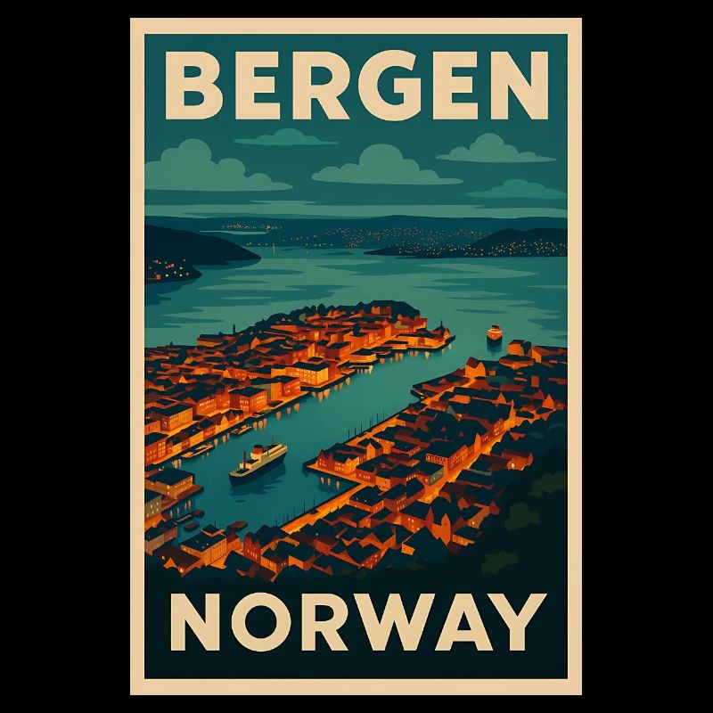 Bergen Norwegen – Retro Reiseposter Hafenblick