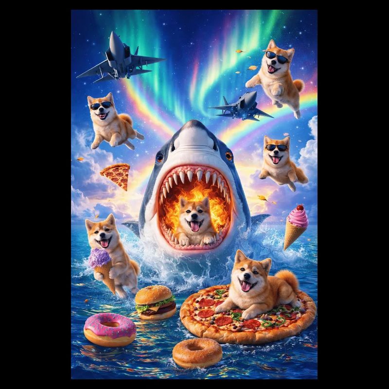 Requin avec pizza et chiens de l’espace