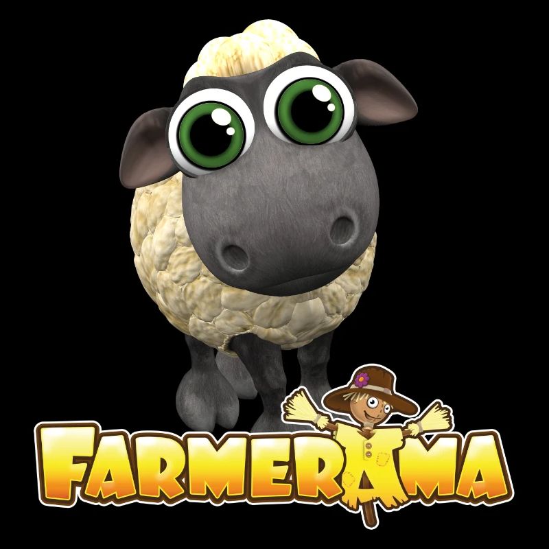 Farmerama Logo und Schaf mit großen Augen