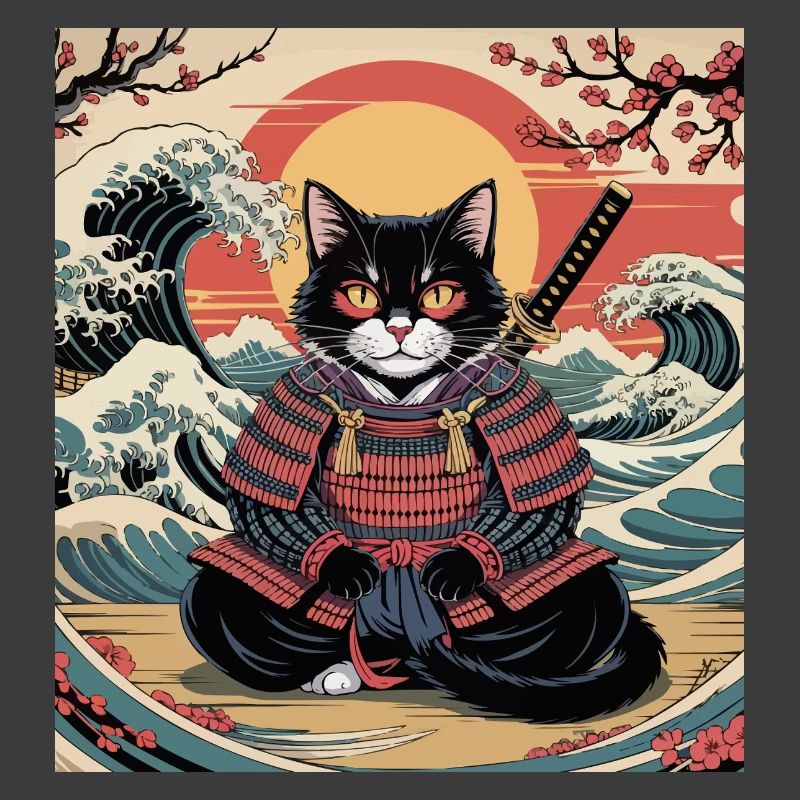 Chat samouraï avec coucher de soleil et vagues – Jap
