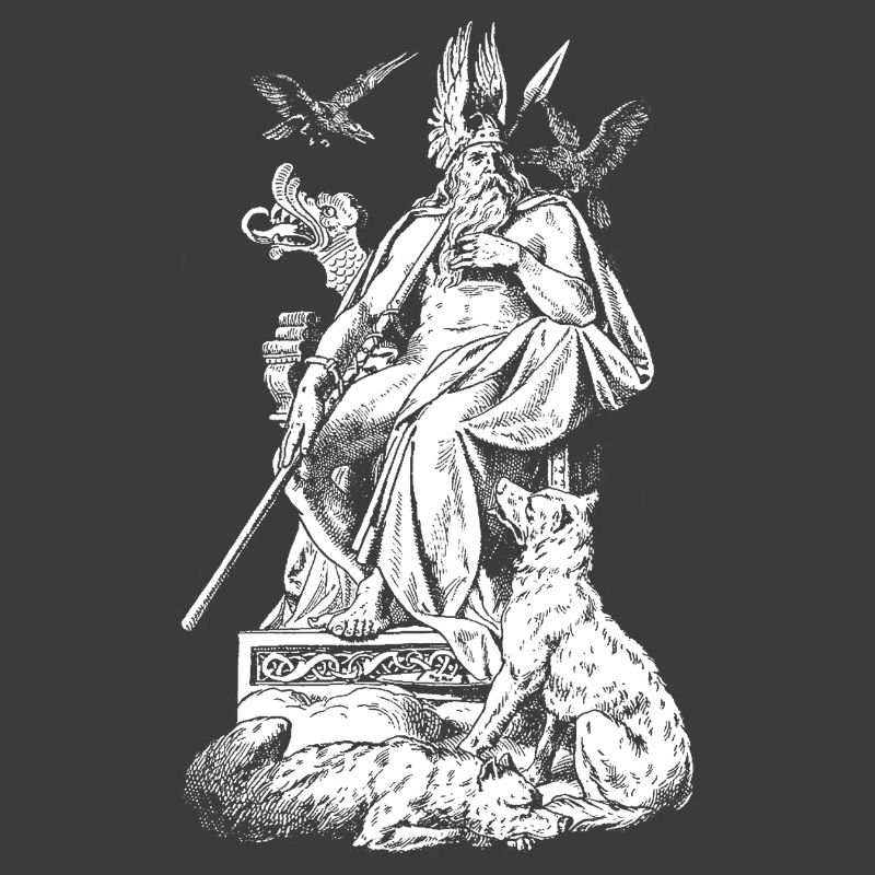 Odin on throne with spears, ravens and wolves