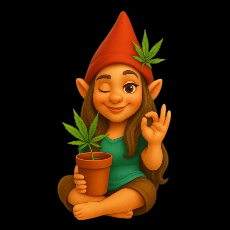 Zwergin im Schneidersitz mit Cannabispflanze