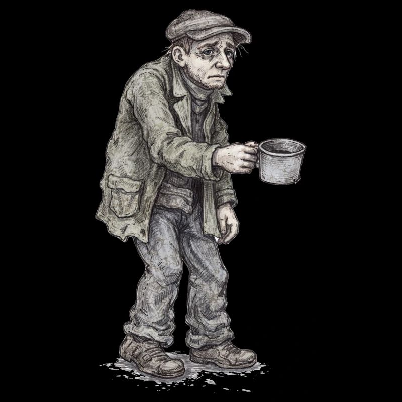Trauriger Bettler | Straßenwanderer Becher